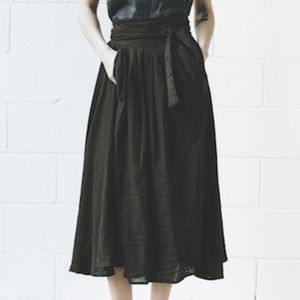 Black Crane charcoal black linen wrap skirt